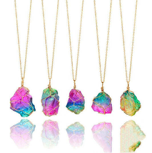 Seven-Color Natural Stone Rough Stone Winding Crystal Pendant Transparent Multi-Color Stone Chain Necklace Necklace