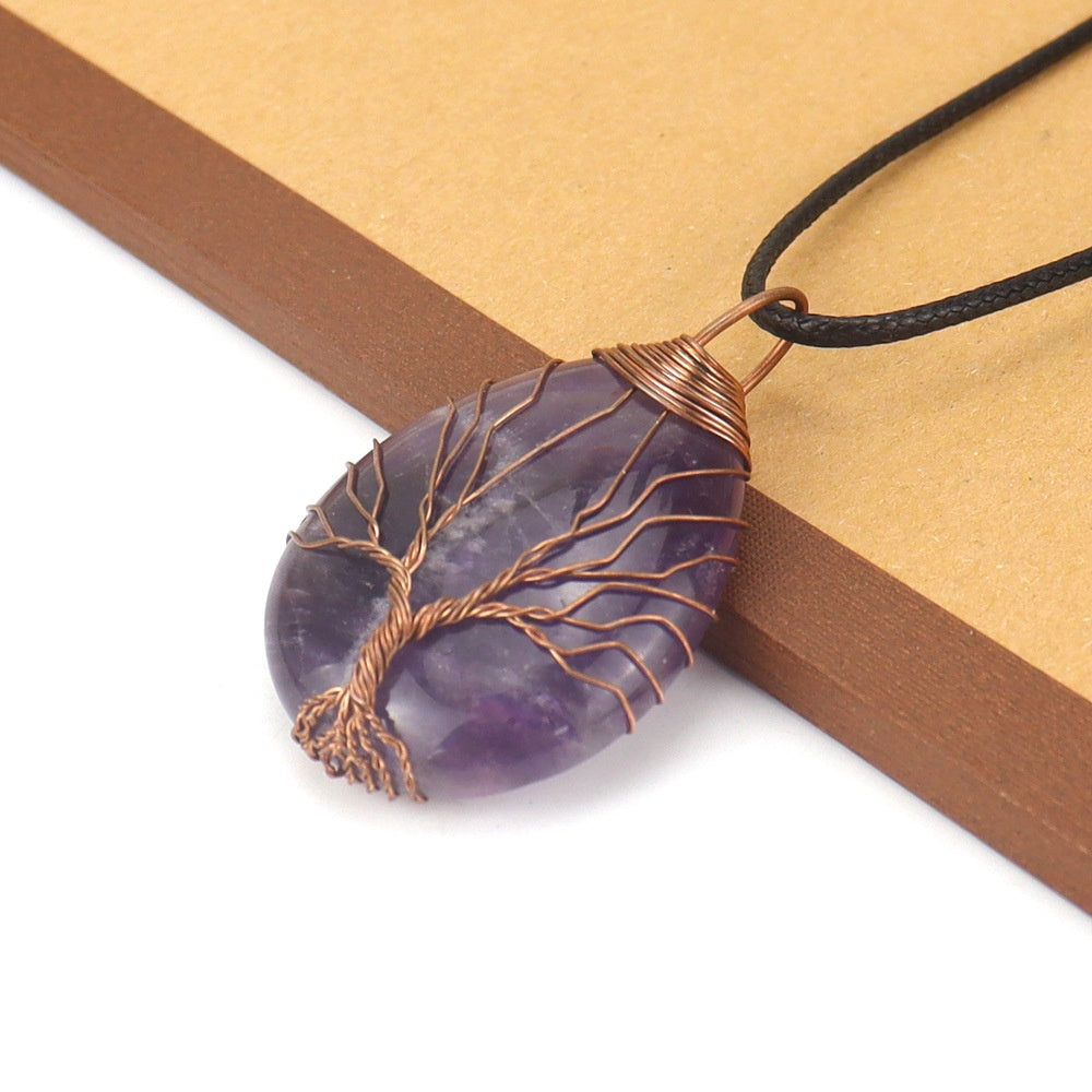 European And American Water Drop Tree Of Life Crystal Rough Stone Handmade Pendant Necklace