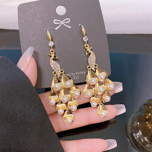 Exaggerated Peacock Pearl Earrings Exquisite Women Jewelry Party Accessory Pendant High Quality Vintage Trend Hanging Earrings