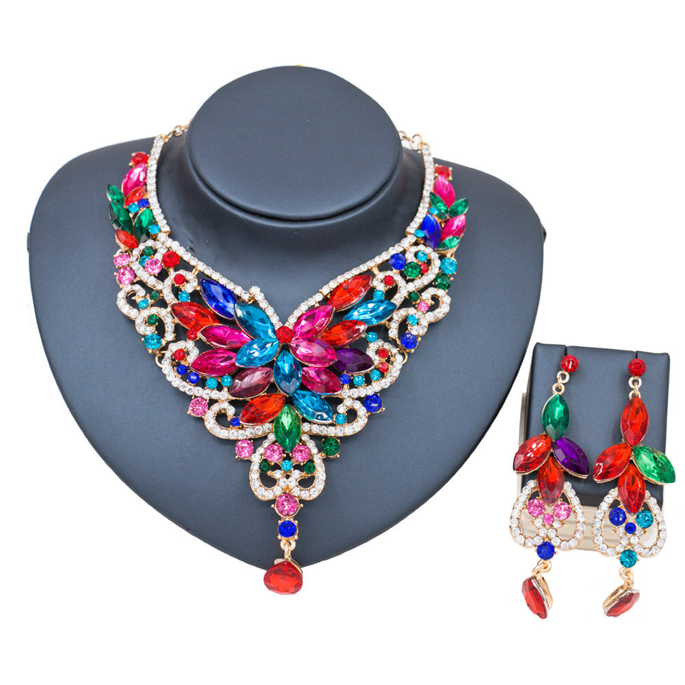2026 speed selling explosion, African, European and American color exaggerated bride necklace earrings set of alloy manufacturers