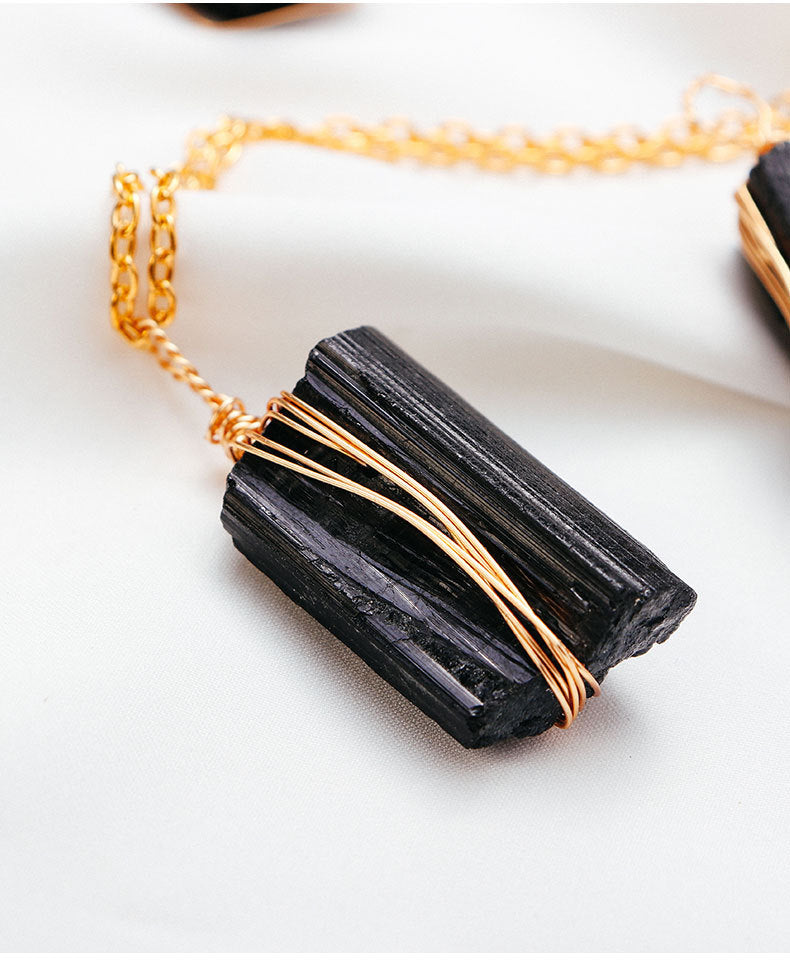 Natural Crystal Rough Black Tourmaline Gold Chain Pendant