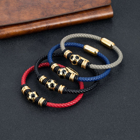 Popular Men's Stainless Steel Leather Football Woven Leather String Bracelet