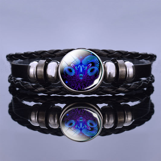 Luminous Twelve Constellation Couple Bracelet Black Leather Bracelet