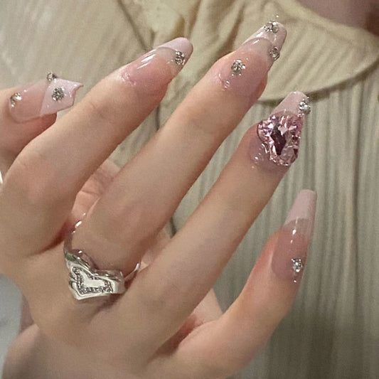 Handmade Love Half French With Diamond Removable Nail Stickers