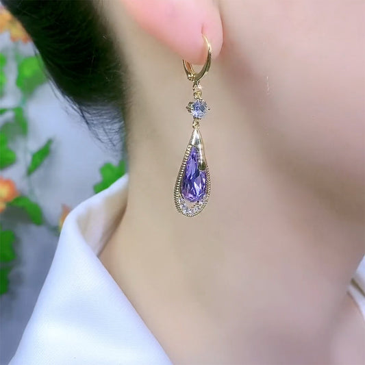 High-grade Purple Crystal Earrings Drop-shaped Design