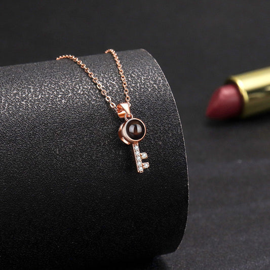 Minimalist Pure Silver Key Pendant Photo Projection Necklace