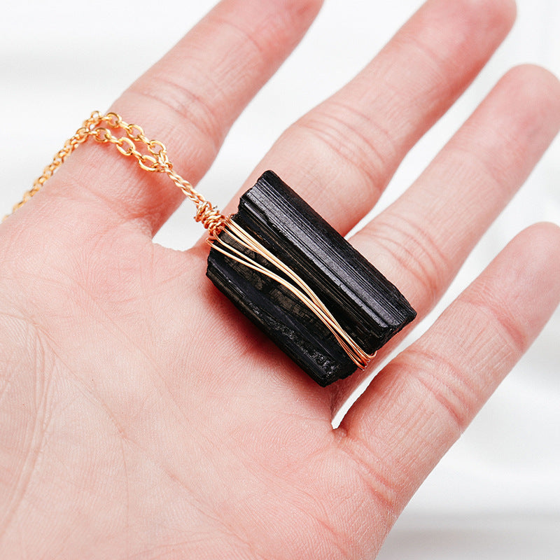 Natural Crystal Rough Black Tourmaline Gold Chain Pendant