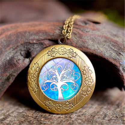 Vintage Tree Of Life Time Stone Photo Box Pendant Necklace