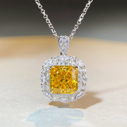 2026 New S925 Through Sterling Silver Necklace High Carbon Diamond Radiant Cut Pendant Collarbone Chain Heavy Duty Ho Set Yellow Diamonds