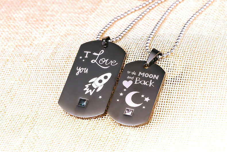 Heartbeat & Heart Shape Rocket Moon Couple Necklaces Black Titanium Steel DIY Engrave Tag Stone Pendant Necklace