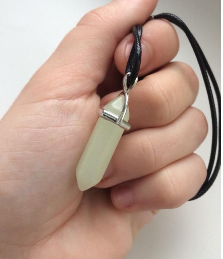 Leather Rope  Luminous Pendantfashion Luminous Stone Fluorescent Stone Hexagonal Natural Crystal Pendant Necklace