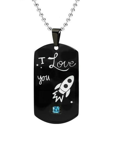 Heartbeat & Heart Shape Rocket Moon Couple Necklaces Black Titanium Steel DIY Engrave Tag Stone Pendant Necklace