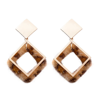 Leopard-printed geometric earrings metal square long earrings