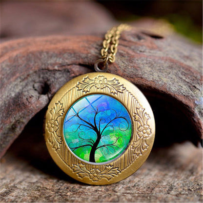 Vintage Tree Of Life Time Stone Photo Box Pendant Necklace