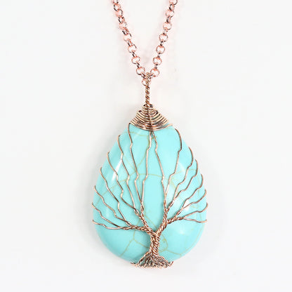 Natural Quartz Opal Stone Pendants Handmade Rose Gold Color Handmade Tree of Life Wrapped Drop Shaped Crystal Pendant Necklace