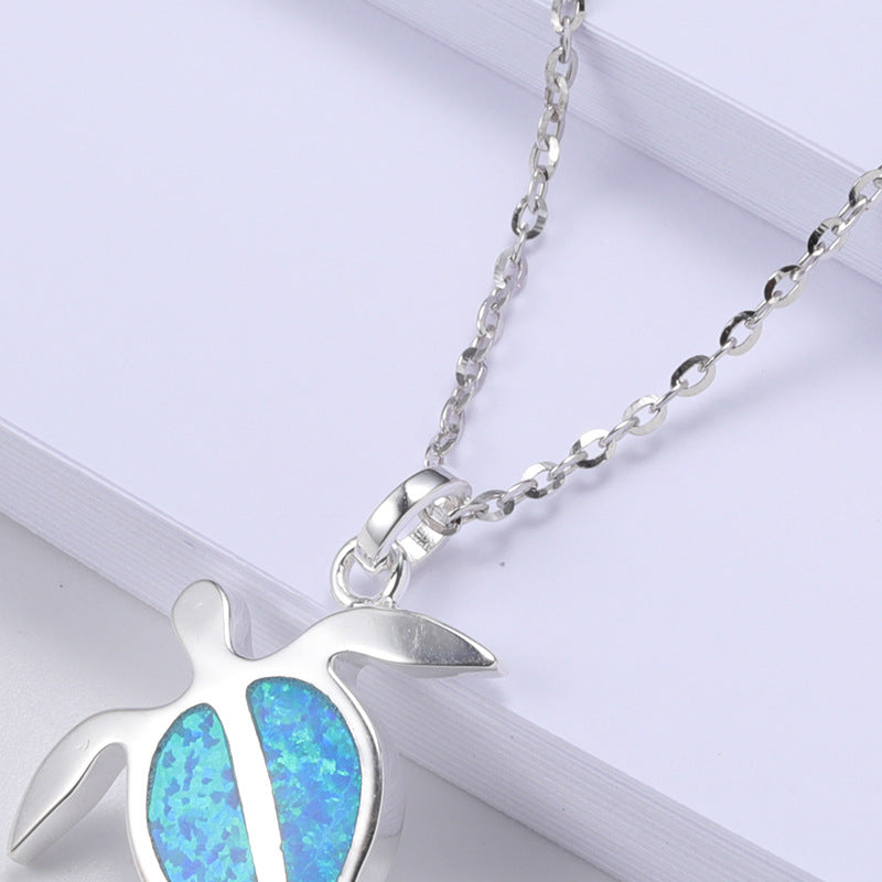 Xing Yao Hao Stone Opal Turtle Silver Pendant Necklace Simple Silver Amphibole Pendant Sweater Chain