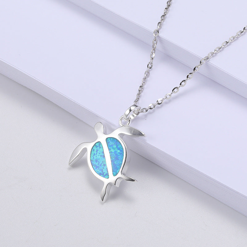 Xing Yao Hao Stone Opal Turtle Silver Pendant Necklace Simple Silver Amphibole Pendant Sweater Chain