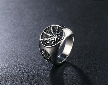 New European And American Hip Hop Reggae Hemp Leaf Men'S Titanium Steel Retro Ring Personalized Jewelry