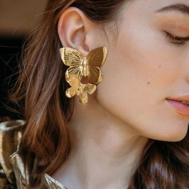 New European And American Creative Alloy Double Butterfly Earrings Retro Gold Exaggerated Size Butterfly Earrings Earrings Women
