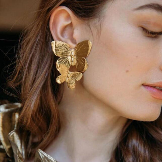 New European And American Creative Alloy Double Butterfly Earrings Retro Gold Exaggerated Size Butterfly Earrings Earrings Women