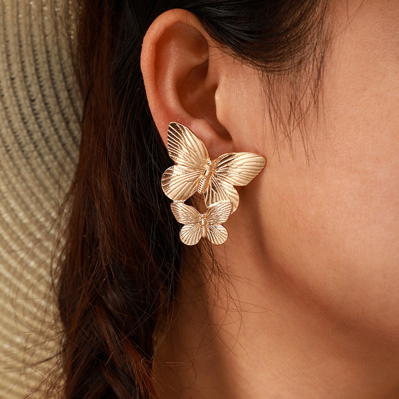 New European And American Creative Alloy Double Butterfly Earrings Retro Gold Exaggerated Size Butterfly Earrings Earrings Women