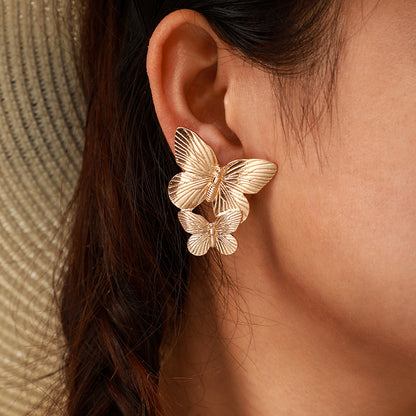 New European And American Creative Alloy Double Butterfly Earrings Retro Gold Exaggerated Size Butterfly Earrings Earrings Women