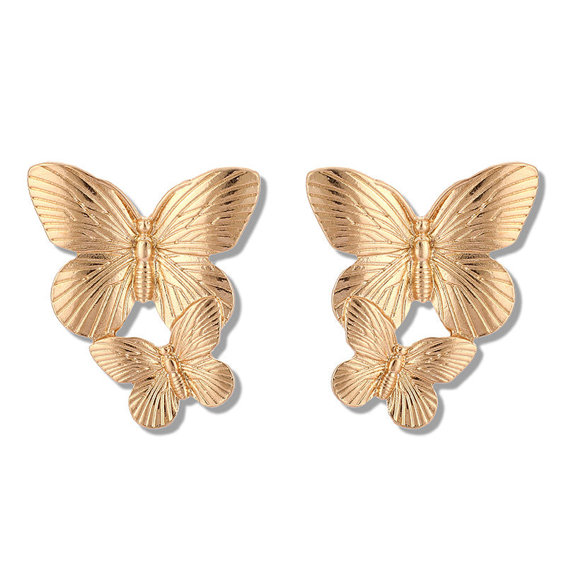 New European And American Creative Alloy Double Butterfly Earrings Retro Gold Exaggerated Size Butterfly Earrings Earrings Women