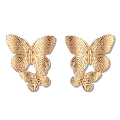New European And American Creative Alloy Double Butterfly Earrings Retro Gold Exaggerated Size Butterfly Earrings Earrings Women