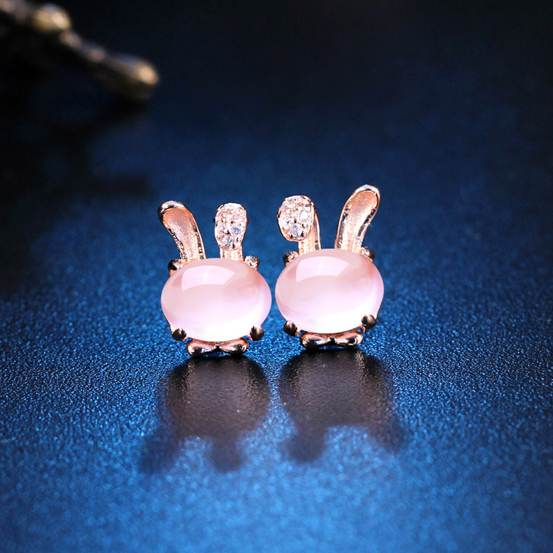 Pure Silver Rabbit Ears Natural Hibiscus Stone Necklace