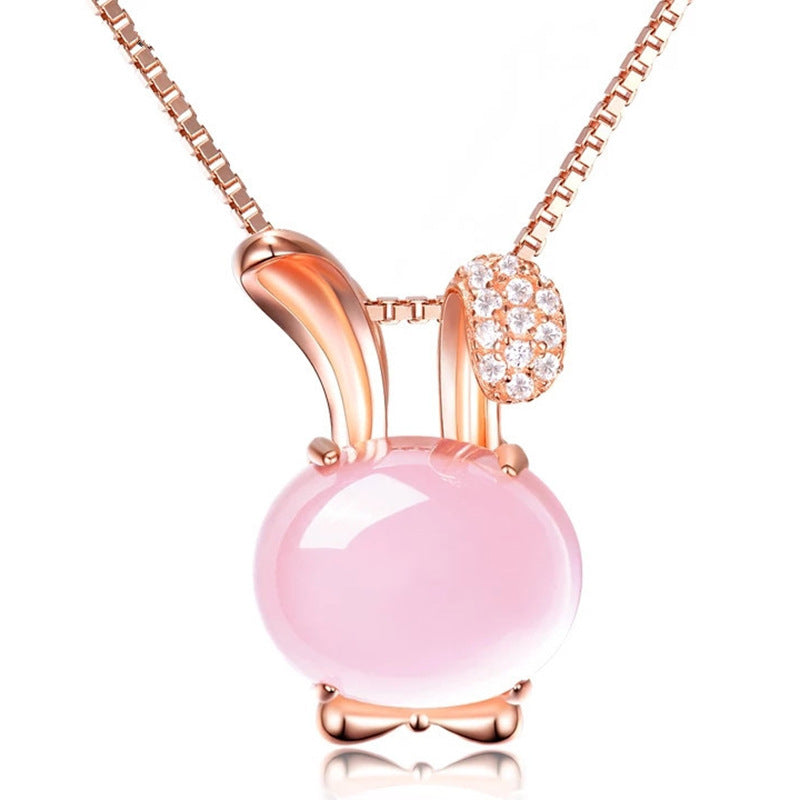 Pure Silver Rabbit Ears Natural Hibiscus Stone Necklace