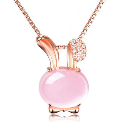 Pure Silver Rabbit Ears Natural Hibiscus Stone Necklace