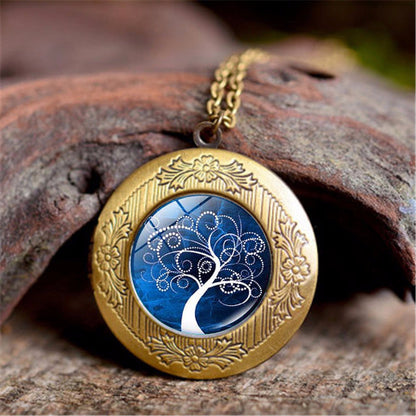 Vintage Tree Of Life Time Stone Photo Box Pendant Necklace