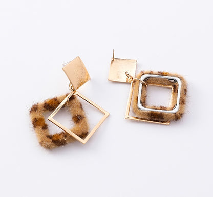Leopard-printed geometric earrings metal square long earrings