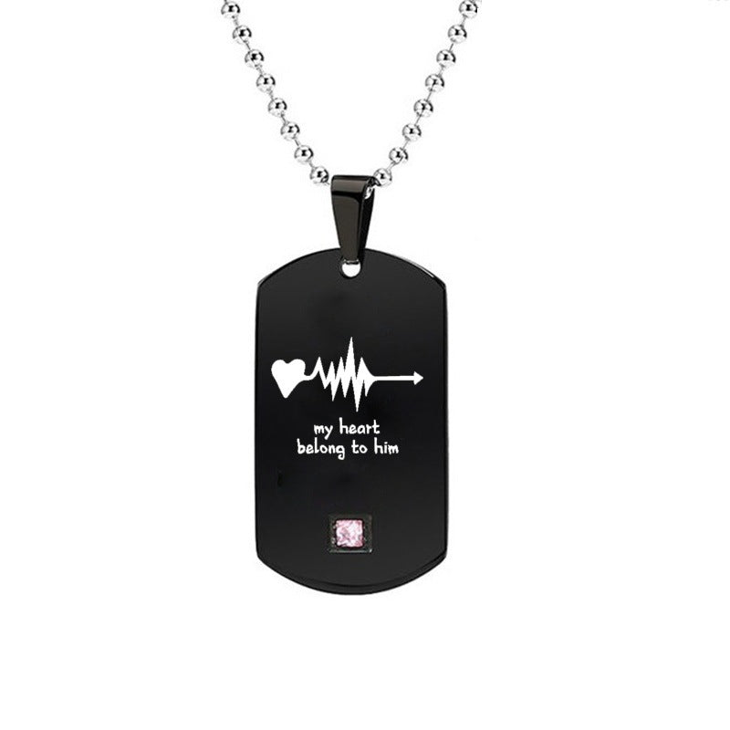 Heartbeat & Heart Shape Rocket Moon Couple Necklaces Black Titanium Steel DIY Engrave Tag Stone Pendant Necklace