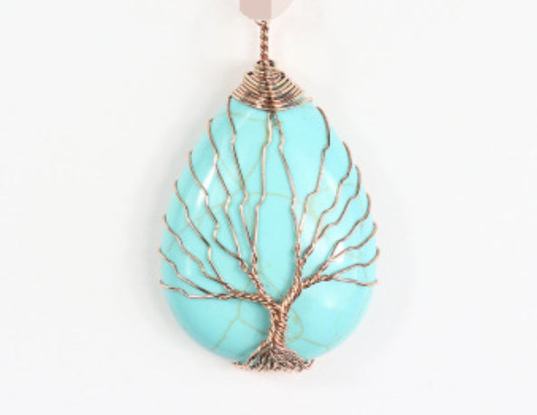 Natural Quartz Opal Stone Pendants Handmade Rose Gold Color Handmade Tree of Life Wrapped Drop Shaped Crystal Pendant Necklace