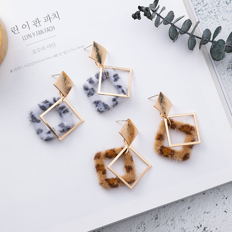 Leopard-printed geometric earrings metal square long earrings