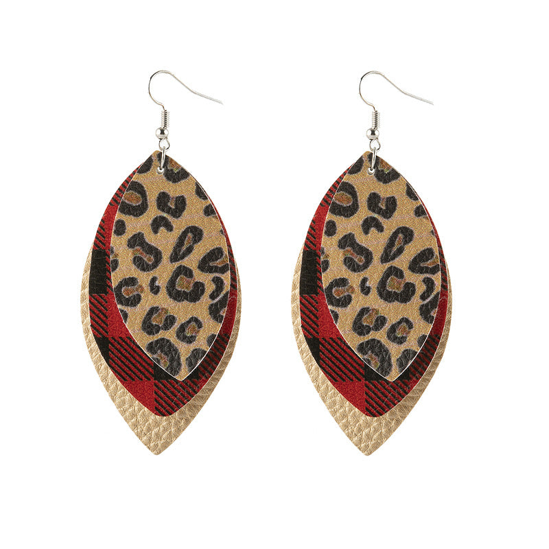 Fashion Vintage Leopard Print Earrings Plaid Leaves Three-layer Pu Leather Earrings