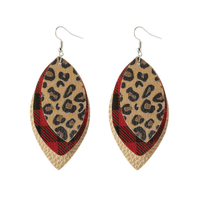 Fashion Vintage Leopard Print Earrings Plaid Leaves Three-layer Pu Leather Earrings