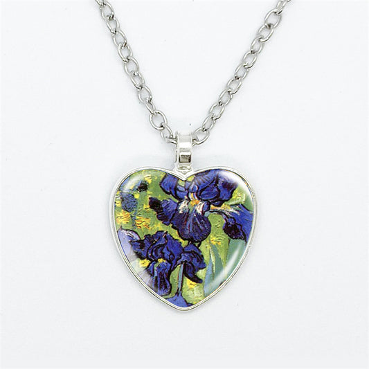 Artistic Style Van Gogh Starry Sunflower Flower-de-Luce Time Stone Heart-shaped Pendant Necklace