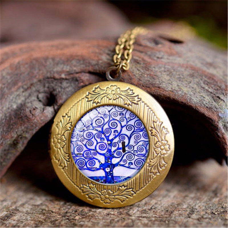 Vintage Tree Of Life Time Stone Photo Box Pendant Necklace