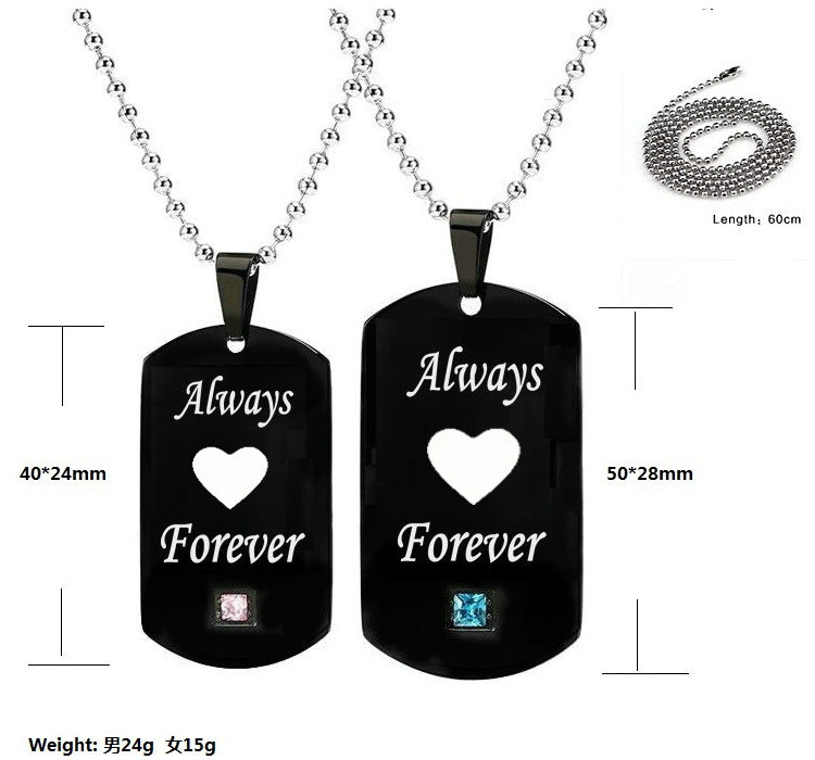 Heartbeat & Heart Shape Rocket Moon Couple Necklaces Black Titanium Steel DIY Engrave Tag Stone Pendant Necklace