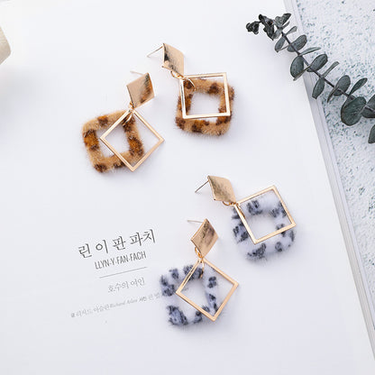 Leopard-printed geometric earrings metal square long earrings