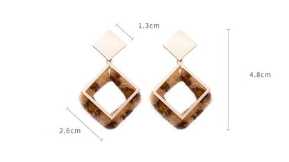 Leopard-printed geometric earrings metal square long earrings