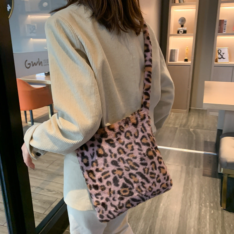 Leopard print plush crossbody bag