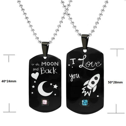Heartbeat & Heart Shape Rocket Moon Couple Necklaces Black Titanium Steel DIY Engrave Tag Stone Pendant Necklace