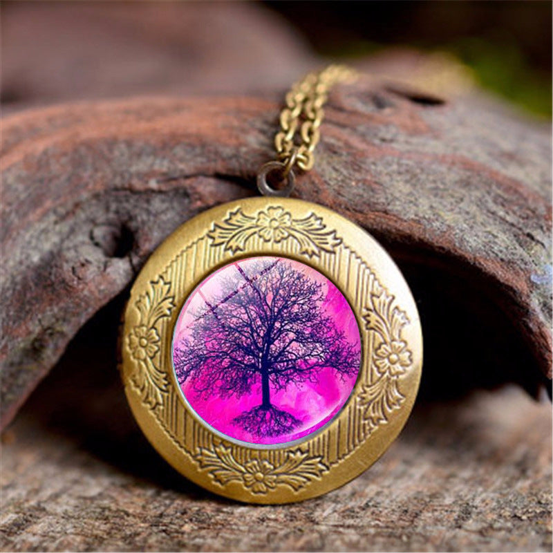 Vintage Tree Of Life Time Stone Photo Box Pendant Necklace