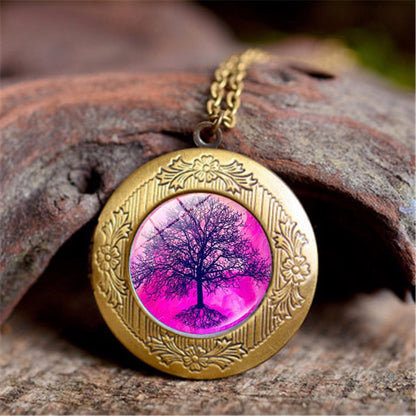 Vintage Tree Of Life Time Stone Photo Box Pendant Necklace