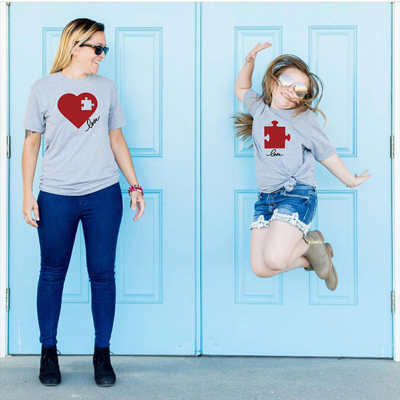 Valentine's Day Creative Puzzle Heart Printing Mother-daughter Matching Outfit Top