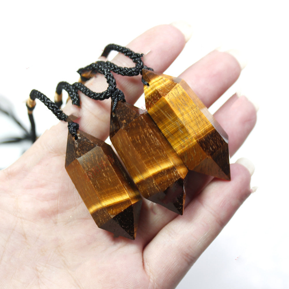 East China Sea Yellow Tiger Eye Stone Crystal Column Double Pointed Pendant Necklace