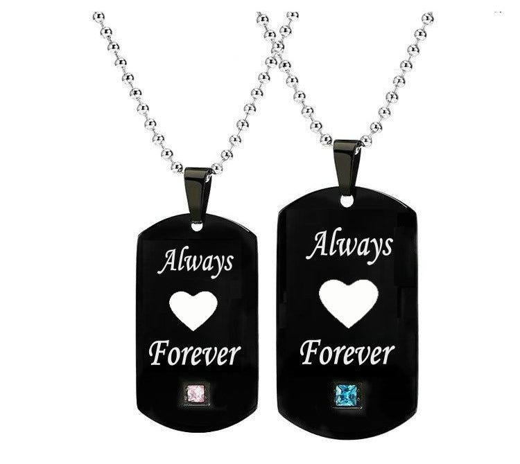 Heartbeat & Heart Shape Rocket Moon Couple Necklaces Black Titanium Steel DIY Engrave Tag Stone Pendant Necklace